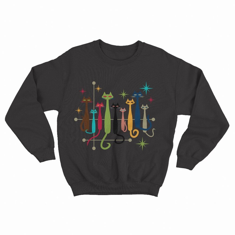 Vintage Retro Mid-Century Modern Look Cats 50s 60s Style Black Sweater